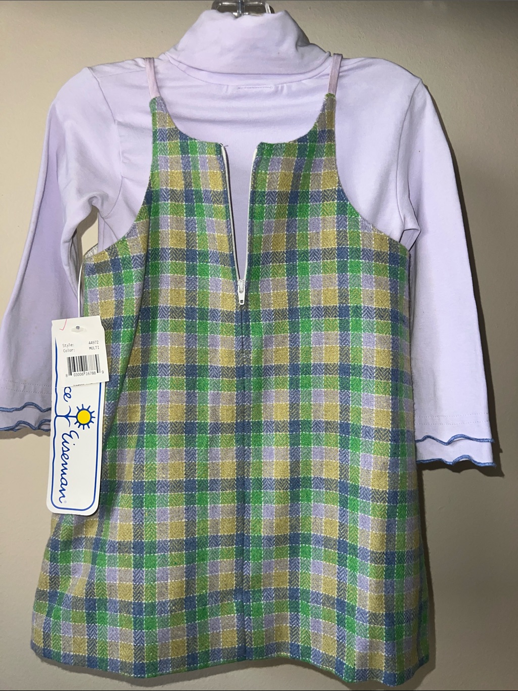 Vintage Florence Eiseman Green Plaid Jumper With Pink Flower Appliqu — image 4 of 8